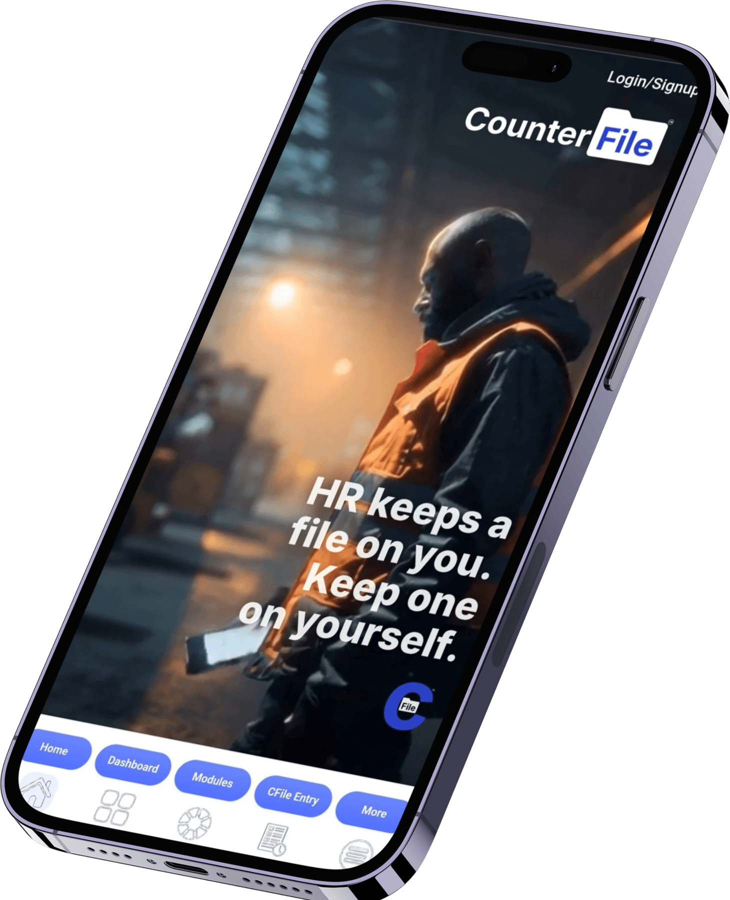 The Counterfile app open on a phone, showing the home screen.