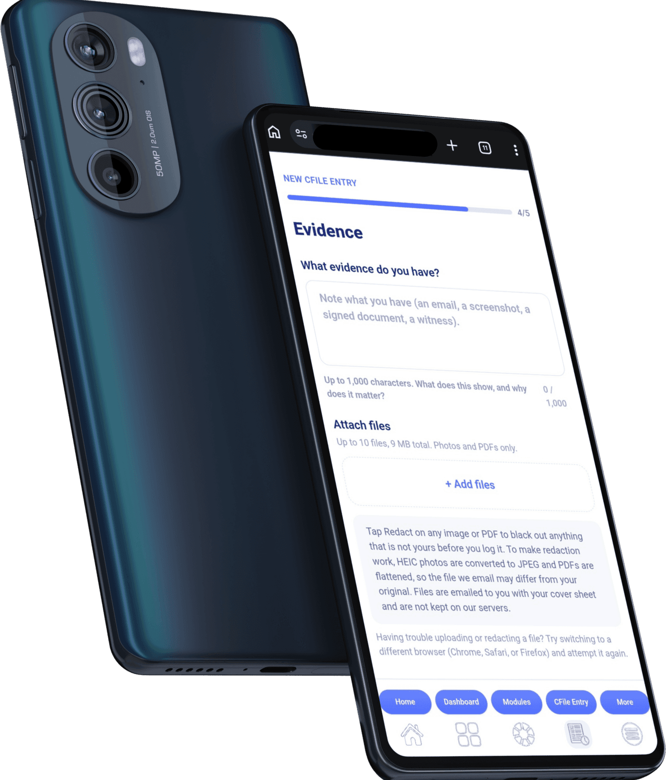 The Counterfile app on a phone, on the Evidence step of a new CFile entry.