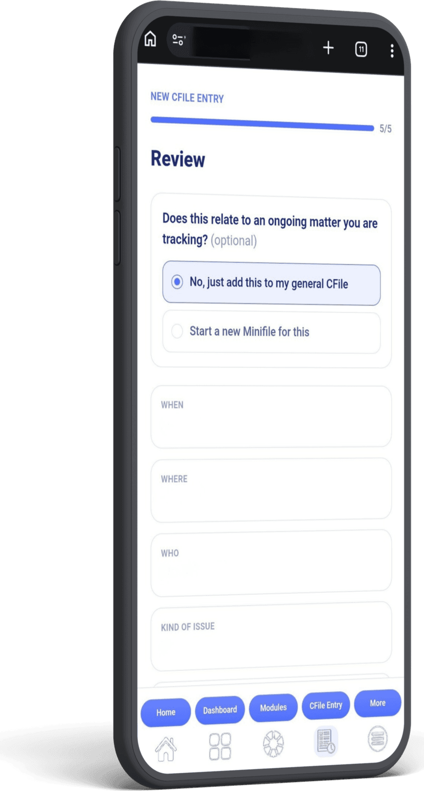 The Counterfile app on the Review step of a new CFile entry.