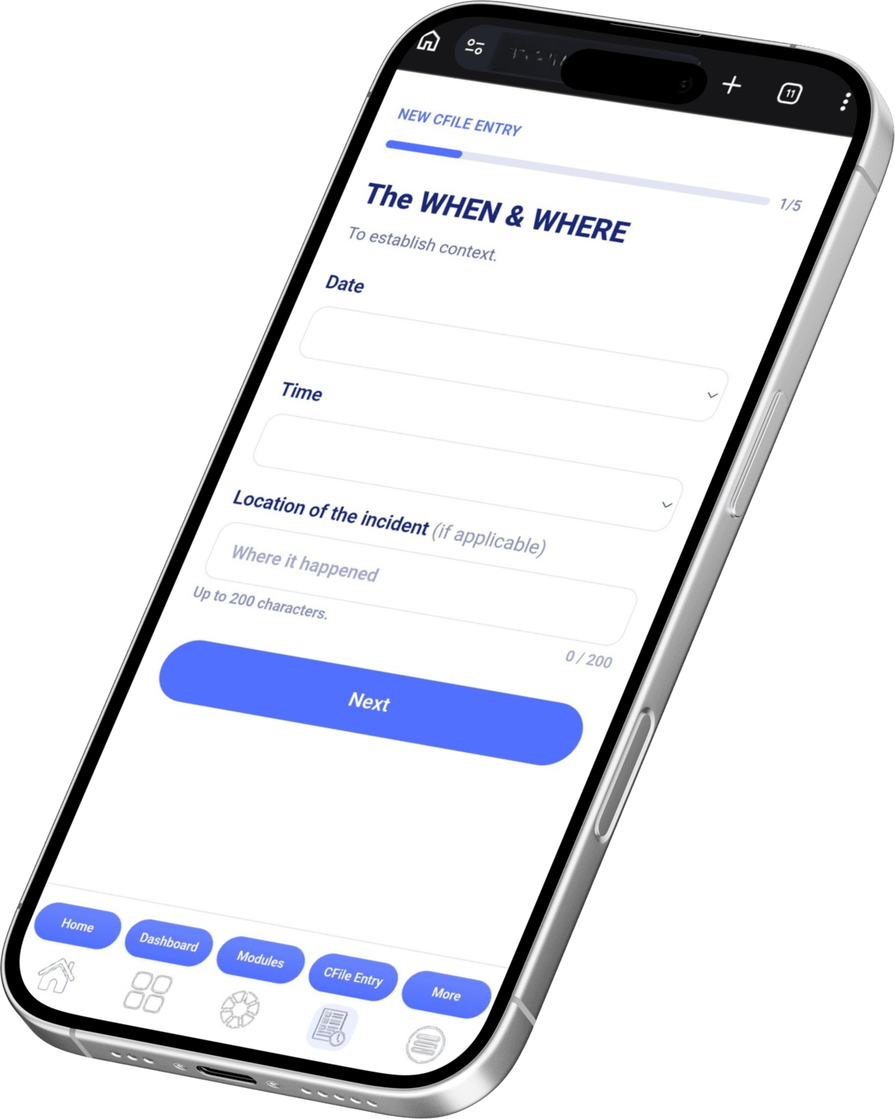 The Counterfile app on the 'When and Where' step, capturing date, time, and location.