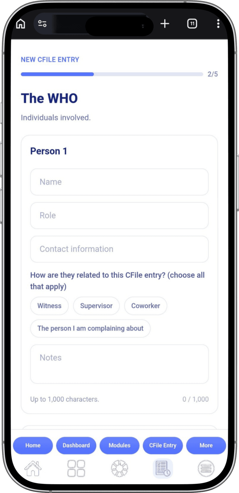 The Counterfile app on the 'The WHO' step, capturing who was involved.